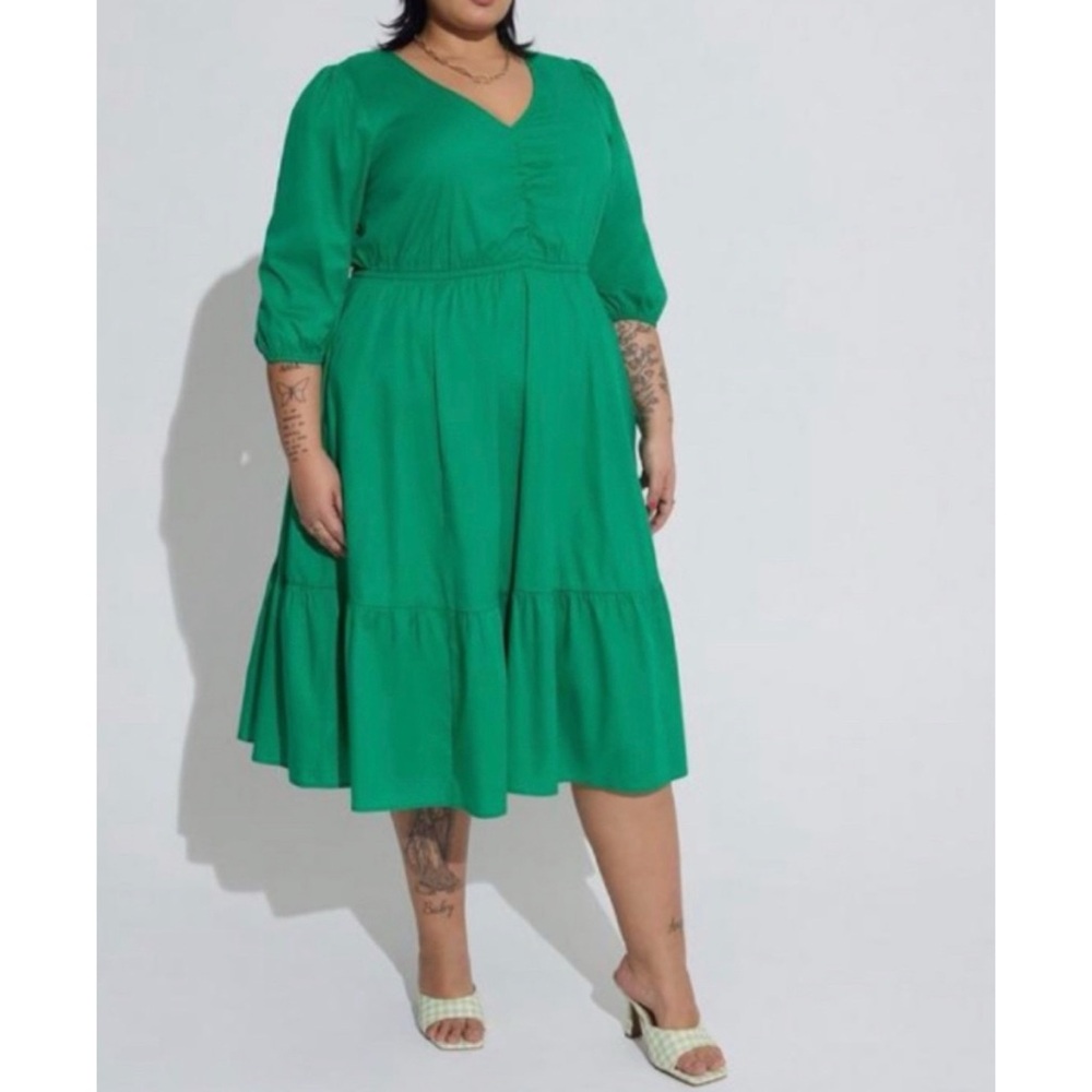 Green Midi Cotton Poplin Tiered Dress 0 L 12 Torrid
